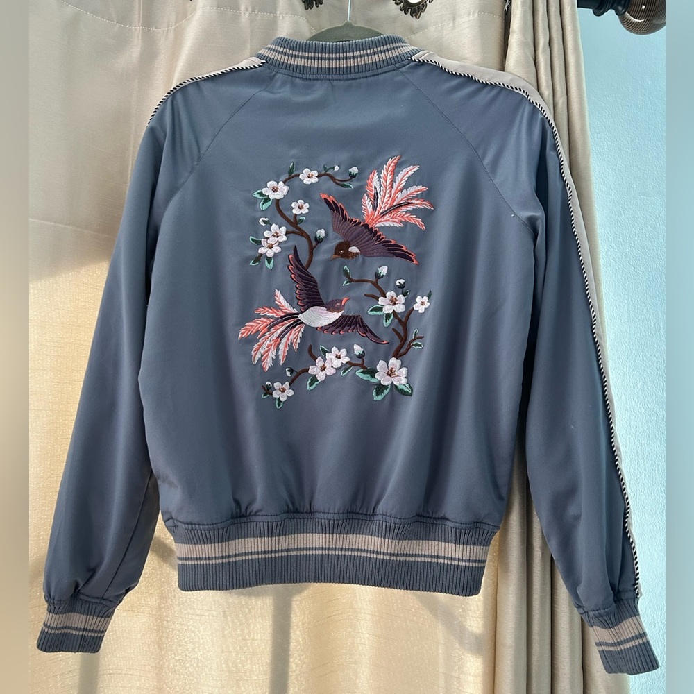 American Eagle Steel Blue Embroidered Bomber Jacket
